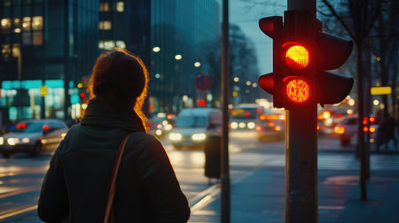 A captivating image of red traffic lights glowing at dusk in Frankfurt, capturing the bustling city life and the moment of waiting for pedestrians.の素材