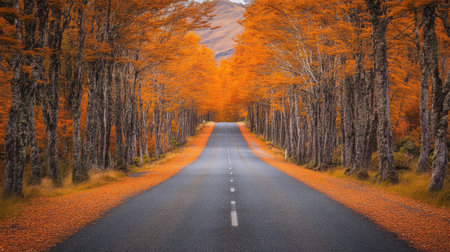 A picturesque asphalt road leads through a vibrant grove of autumn trees, showcasing orange leaves against a tranquil backdrop. Perfect for travel imagery.の素材