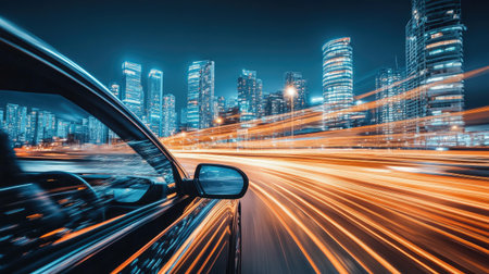 A dynamic night cityscape captured from a moving vehicle, showcasing vibrant lights and modern architecture. Experience the energy and movement of urban life.の素材