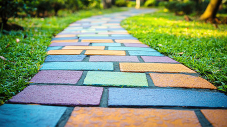 A picturesque multi-color pedestrian pathway winds through a lush green garden, offering a vibrant and inviting view that enhances the natural beauty of the surroundings.の素材
