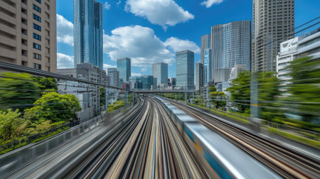 Experience a vibrant cityscape as a train races through an urban environment, showcasing the dynamic motion and modern architecture under a clear blue sky.の素材