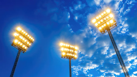 Three illuminated light towers shine brightly against a blue sky, creating a dynamic atmosphere. Ideal for sports venues, outdoor events, and technology.の素材