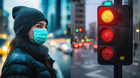 A person wearing a mask stands at a traffic light in an urban environment. The vibrant city backdrop highlights street safety amidst busy traffic.の素材
