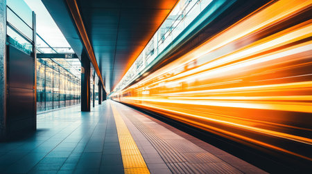 A vibrant high-speed orange train races through a scenic urban station, capturing the energy of travel and technology in motion with a dynamic blur effect.の素材