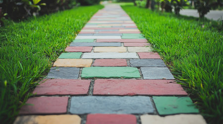 A colorful, multi-colored stone pathway meanders through lush green grass, creating a picturesque scene ideal for leisurely strolls and outdoor relaxation.の素材