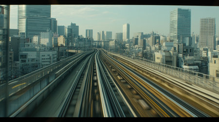 Experience a mesmerizing POV shot of the Yurikamome monorail winding through Tokyo's skyline, showcasing the dynamic blend of urban architecture and technology.の素材