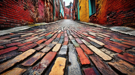 Explore a stunning perspective of a brick floor winding through a vibrant alleyway, showcasing the artistic charm of urban architecture and cobblestone streets.の素材