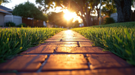 A tranquil brick sidewalk glows under the warm sunset light, surrounded by lush green grass, creating a serene pathway in a peaceful residential setting.の素材