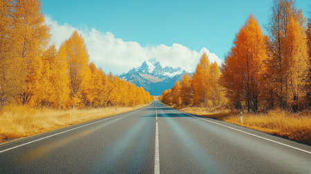 A vibrant highway stretches through a picturesque autumn landscape, framed by golden trees and majestic mountains under a clear blue sky. Perfect for travel themes.の素材