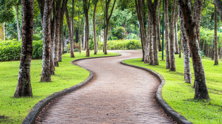 A beautiful winding stone pathway meanders through a peaceful park, framed by lush green trees. This tranquil scene invites relaxation and exploration.の素材