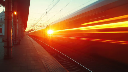 A striking view of an orange passenger train in motion during sunset, capturing vibrant colors and dynamic energy at a quiet railway station.の素材