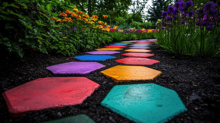 A vibrant hexagonal brick pathway enhances a beautiful garden filled with colorful flowers, creating a cheerful and inviting outdoor setting.の素材