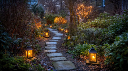 A serene stone path illuminated by glowing lanterns, creating a peaceful atmosphere in a tranquil garden at night. The soft light enhances the natural beauty.の素材