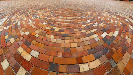 Captivating wide angle view of a circular brick floor showcasing intricate patterns and rich colors, perfect for architecture and design themes.の素材