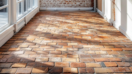 A captivating image of a weathered brick floor within a historic building, illuminated by natural light that accentuates its rich texture and warm colors.の素材