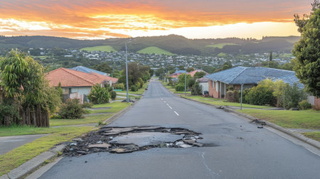A wide-angle shot of a suburban street showing pavement damage at sunset. The peaceful neighborhood is framed by scenic views of hills and a dramatic sky.の素材