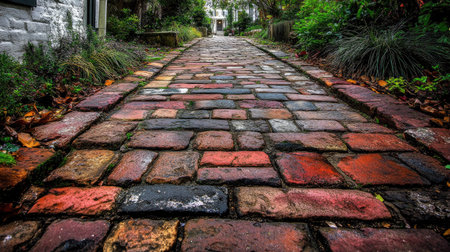 Captivating worm's eye view of a beautifully textured brick pathway, surrounded by lush greenery. A tranquil outdoor scene showcasing vibrant colors and intricate details.の素材