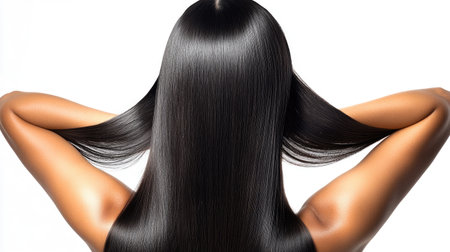 A woman with straight, shiny hair is captured facing away, showcasing elegance and beauty. The focus on her hair and skin highlights a sense of wellness and style.の素材