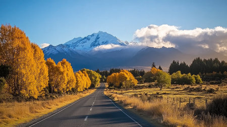 A picturesque highway surrounded by vibrant autumn trees and majestic mountains under a clear blue sky, perfect for travel and nature enthusiasts.の素材