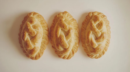 A stunning trio of golden flaky empanadas with braided crusts, perfect for showcasing culinary art. Ideal for food photography and culinary inspiration.の素材