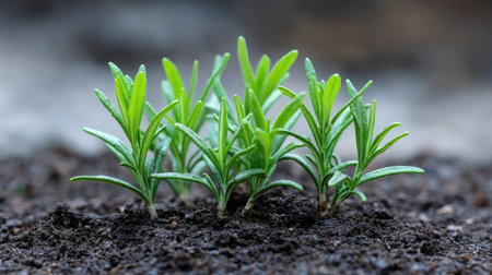 A close-up shot of young rosemary seedlings emerging from rich soil, showcasing their vibrant green leaves and delicate structures, symbolizing growth and nature's beauty.の素材