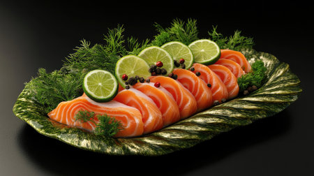 Freshly sliced salmon beautifully presented on a parsley base, garnished with lime slices and herbs, perfect for gourmet dishes and healthy meals.の素材