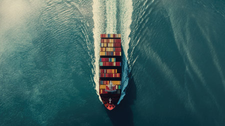 A stunning aerial view showcasing a cargo ship navigating across calm waters, highlighting the vibrant container colors and movement, ideal for maritime themes.の素材