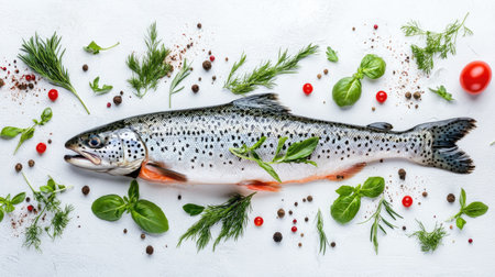 A beautifully arranged fresh salmon fillet garnished with herbs and vibrant vegetables. This image captures the essence of healthy culinary preparation.の素材