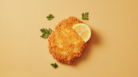 A crispy breaded cutlet garnished with a vibrant lemon wedge, perfect for enhancing any dish's flavor and aesthetic appeal in culinary presentations.の素材