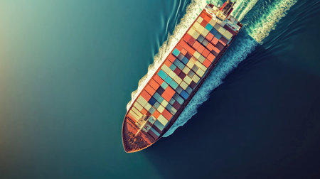 Stunning aerial perspective of a container ship navigating through calm waters, showcasing a vibrant array of cargo containers on its deck and the beauty of maritime logistics.の素材