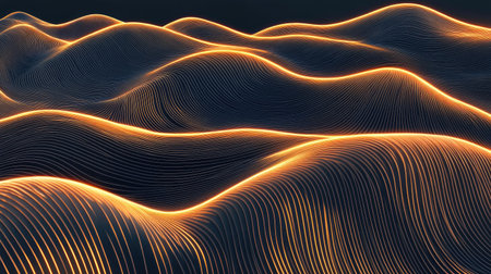 This vibrant vector illustration features glowing gold lines creating a dynamic wave pattern. Ideal for modern design projects, it exudes elegance and energy.の素材