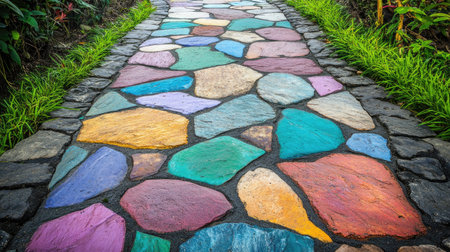 A vibrant and colorful paved pathway meanders through a lush garden, inviting exploration and relaxation. Perfect for outdoor walks and scenic views.の素材