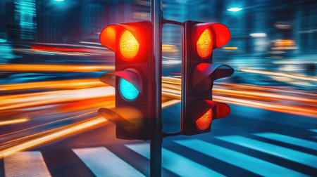 A captivating illuminated red traffic signal against a bustling urban backdrop at night, showcasing vibrant light and motion in a dynamic city scene.の素材