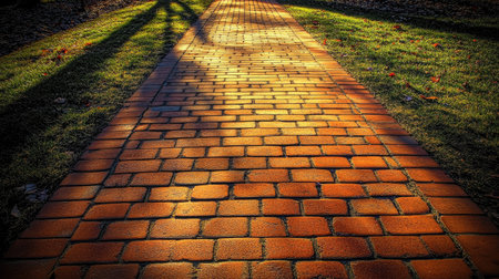 Explore a captivating perspective of a long brick footpath illuminated by sunlight, surrounded by lush green grass and playful shadows, creating a serene outdoor scene.の素材