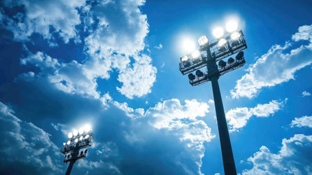 Stunning view of stadium floodlights against a vibrant sky, illuminating the scene at dusk. Perfect for sports events and outdoor activities.の素材