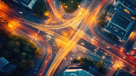 A captivating aerial view of a bustling city intersection at night, showcasing dynamic traffic lights and vibrant vehicle trails, embodying urban energy.の素材