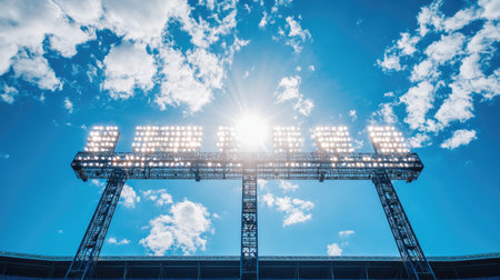 A dramatic shot showcasing bright stadium lighting under a vibrant blue sky with fluffy clouds. The sunlight enhances the lively atmosphere, perfect for sports events.の素材