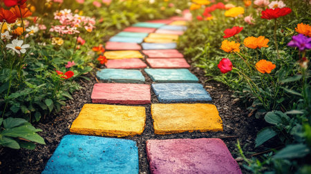 A vibrant pathway of freshly laid paving stones surrounded by blooming flowers adds charm to any garden. Perfect for outdoor designs and landscaping inspiration.の素材