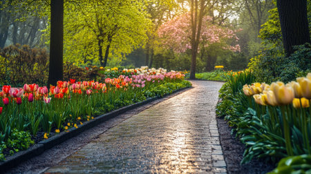 A serene pathway winds through a vibrant flower garden, surrounded by blooming tulips and lush trees, bathed in soft morning light, perfect for nature lovers.の素材