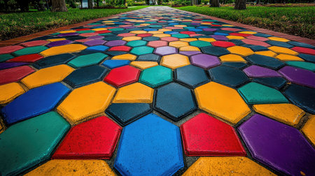A vibrant and colorful octagonal brick paving pathway showcases an artistic design, perfect for enhancing outdoor spaces and public areas.の素材