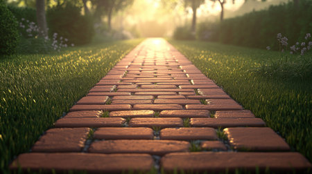 A tranquil outdoor scene featuring a charming brick footpath bathed in warm sunlight, leading through a lush garden, evoking a serene and inviting atmosphere.の素材