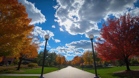 A stunning wide-angle shot showcasing a vibrant autumn pathway lined with colorful trees, light poles, and a dramatic sky filled with clouds. Perfect for nature lovers.の素材
