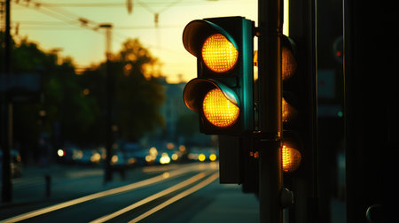 Captivating view of traffic lights glowing amber at dusk, illustrating a vibrant urban scene filled with evening tranquility and motion. Perfect for travel themes.の素材