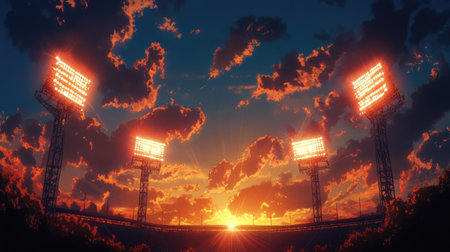 A stunning sunset scene featuring stadium lights illuminating the sky with vibrant colors. The clouds add a dramatic touch to the serene atmosphere, capturing a moment of natural beauty.の素材