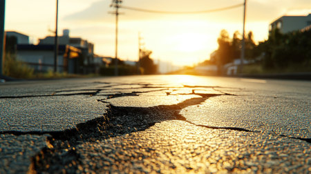 A vivid representation showcasing the aftermath of an earthquake, featuring a cracked road illuminated by the warm glow of sunset. The scene highlights the destruction left behind in an urban environment.の素材