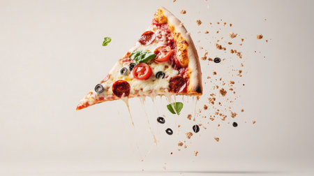 A captivating image of a flying pizza slice featuring colorful toppings and cheese, showcasing an artistic representation of delicious food in motion.の素材