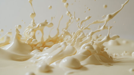A captivating view of milk drops splashing dramatically in mid pour. This image showcases the fluid motion and creamy texture of the liquid, creating a stunning visual experience.の素材