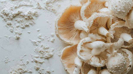 A beautifully styled shot of fresh mushrooms on a textured surface, perfect for culinary projects. Ideal for food blogs, recipes, or healthy eating themes.の素材