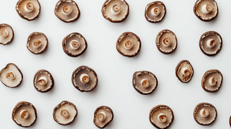 Discover a captivating arrangement of dried shiitake mushrooms set against a white background, showcasing their unique textures and earthy tones, perfect for culinary inspirations.の素材