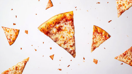 A dynamic and captivating arrangement of flying pizza slices showcases vibrant toppings, perfect for food lovers. Ideal for culinary presentations or snack promotions.の素材